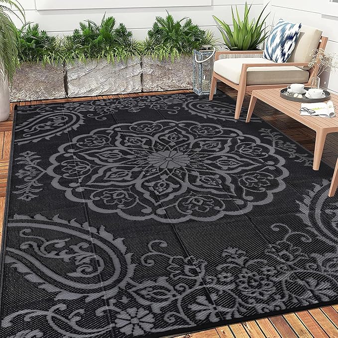 Pauwer Waterproof Outdoor Rug 8x10, Reversible Plastic Straw Patio Camping Rug, Indoor Outdoor RV Mat Carpet for Deck, Camper, Porch, Balcony, Backyard, Picnic, Boho Black Grey