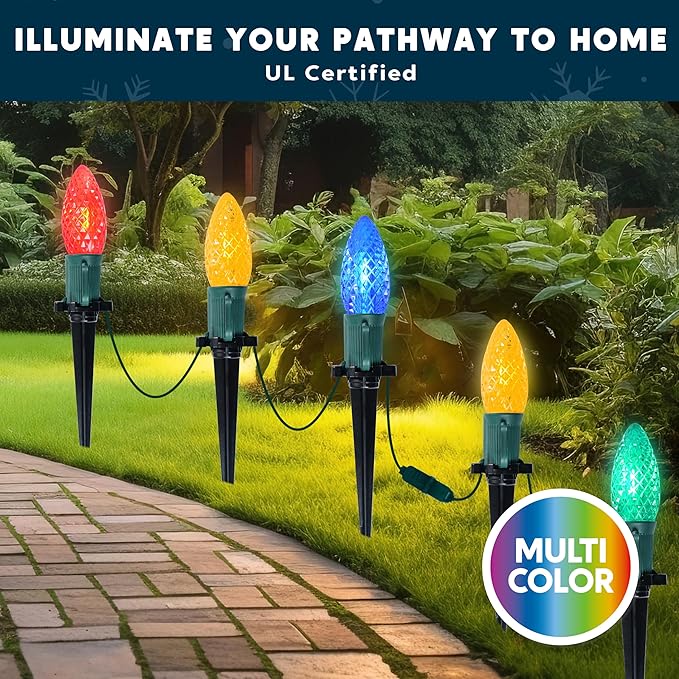 JOIEDOMI 30.75FT C9 Christmas Pathway Strawberry Stake Lights 24 LED, Multicolor Outdoor Faceted Walkway Decor with Marker Connectable for Holiday Xmas Yard Garden Lawn