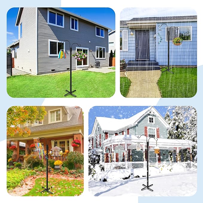 Ottsuls Double Shepherds Hooks for Outdoor, 76 Inch Bird Feeder Pole with 5 Prong Base, Upgrade 1 INCH Thick Heavy Duty Planter Hook for Hanging Baskets, Lantern,1 Pack