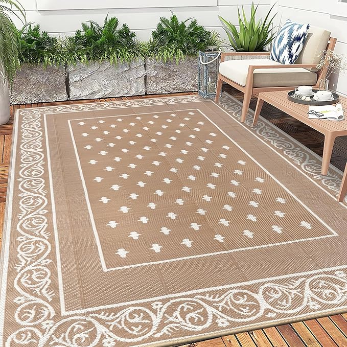 Pauwer Waterproof Outdoor Rug 6x9, Reversible Plastic Straw Patio Camping Rug, Indoor Outdoor RV Mat Carpet for Deck, Camper, Porch, Balcony, Backyard, Picnic, Bordered Beige