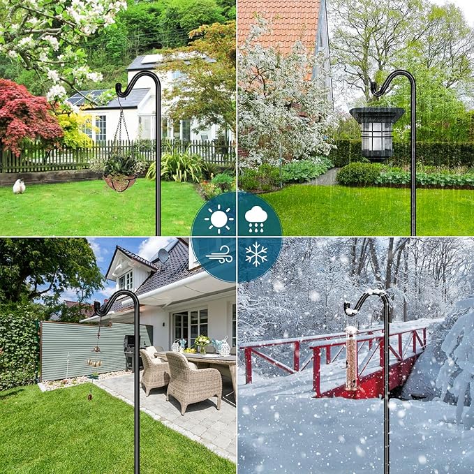 Gtongoko Tall Shepherds Hook for Outdoor, 108 Inch Bird Feeder Pole with 7 Prongs Base, 5/8 Inch Thick Heavy Duty Adjustable Garden Hook for Hanging Plant, Lantern, Hummingbird Feeder, 1 Pack