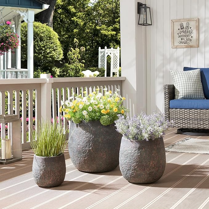 Large Outdoor Planter, 17.32"+12.99"+9.06" Dia Round Weathered Concrete Planter Set of 3, Flower Pots with Drainage Holes, Sealing Plug for Garden, Patio, Home, Office, Greenish Bronze Rust