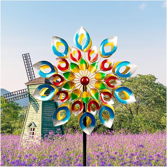 Wind Spinners, Large Metal Windmill 24" Dia 84" High, Outdoor Wind Sculpture & Spinners for Yard Garden Decor(Double Sided)