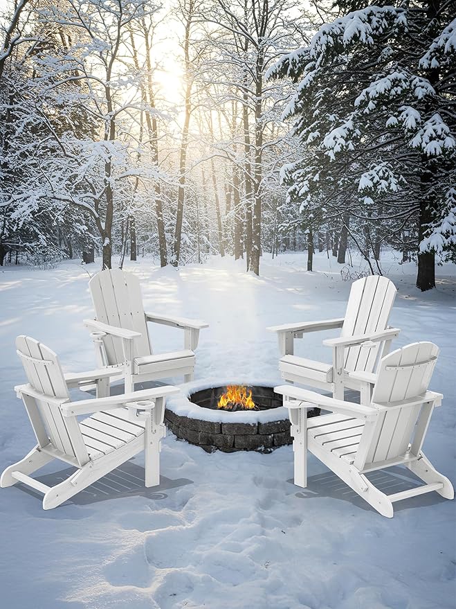 KINGYES Folding Adirondack Chair Set of 6, Dual Cup Holders & All-Weather HDPE, Wood-Like Patio Chair for Backyard, Camping, Pool & Fire Pit, White