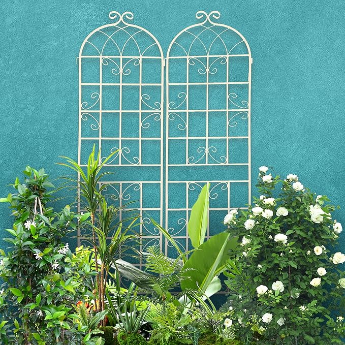 4 Pack Metal Garden Trellis for Climbing Plants Outdoor 86.7" H Cream White Garden Fence Rustproof Trellis Support Roses Flower Lawn, Off White