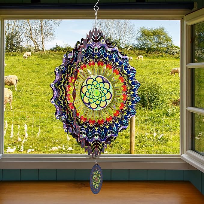 TUOKING Wind Spinners Outdoor Peacock Feathers 3D Metal Hanging Art Wind Sculptures 12 Inch Stainless Steel for Yard and Garden Decoration Worth Gift for Women