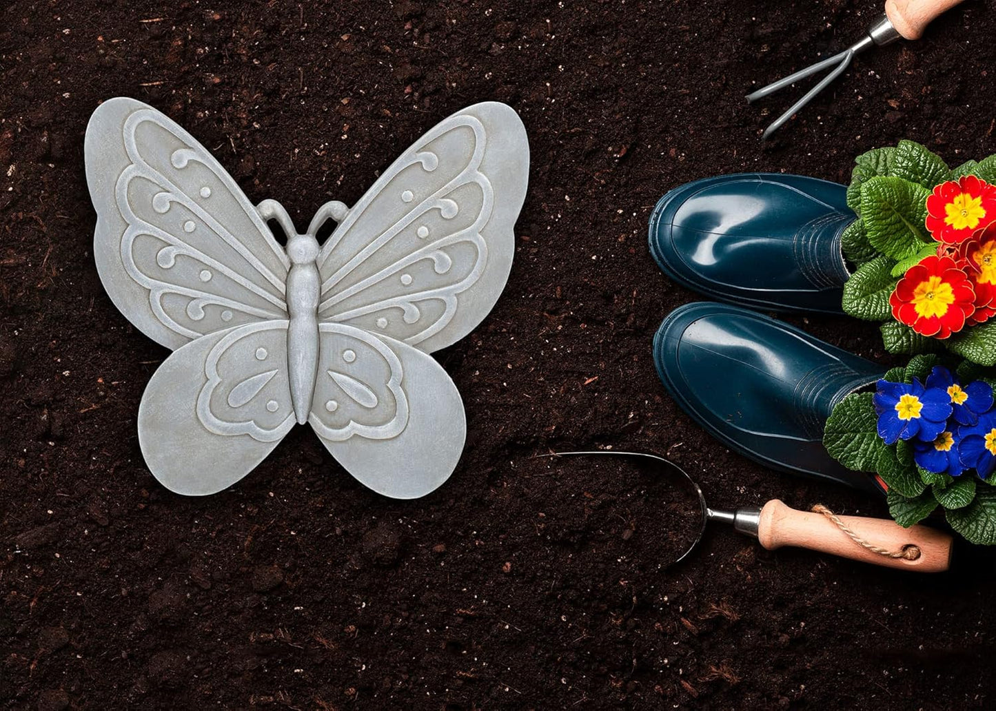 NAT & Jules Animal Character Shaped Dimensional Indoor Outdoor 11 inch Cast Resin Decorative Garden Stepping Stone, Patio, Walkway Sculpture Yard Art, Stone Grey Butterfly