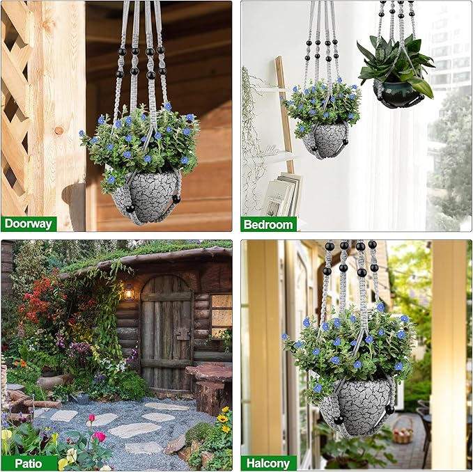 RIFNY Macrame Plant Hanger for 5 to 10 Inch Plant Pots, 35 Inch Indoor Handmade Woven Rope Hanger Kits with Hooks and Wood Beads, Hanging Planter Basket Holder for Boho Home Decor (Grey, 3 Pack)