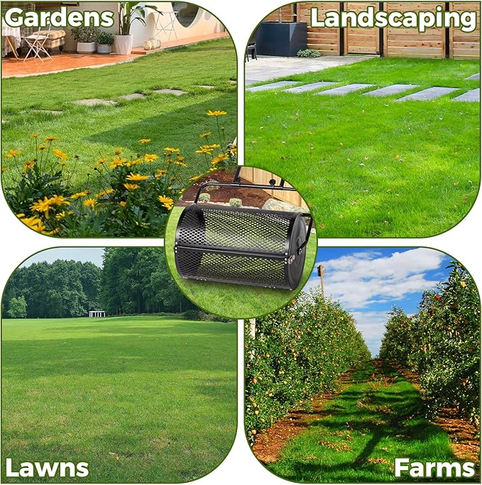 Outvita Compost Spreader and Peat Moss Spreader, 24" Push/Tow-Behind Roller Lawn Spreader with Steel Mesh Basket Garden Spreader for Spreading Manure Mulch Topsoil