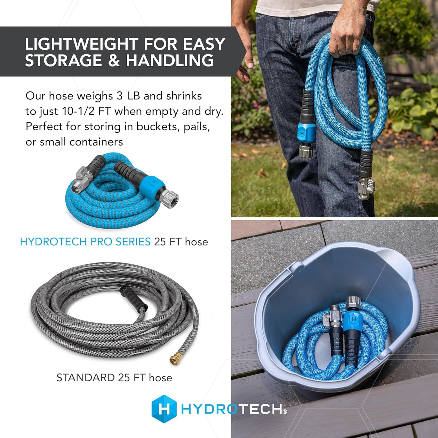 HydroTech 25 ft Expandable Garden Hose - Pro Series, 2x Max Flow, 3/4" No-Kink Flexibility, Lightweight Hose for Lawn, Garden, Car Washing, Deck and Patio Cleaning