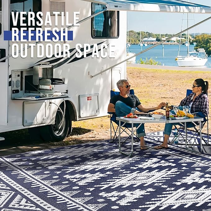 OLANLY Outdoor Rug Waterproof 8x10 ft, Reversible Outdoor Plastic Straw Rug, Boho Patio Rug, Indoor Outdoor Carpet, RV Mat Outside for Patio, Camp, Picnic, Balcony, Deck, Backyard, Navy & White
