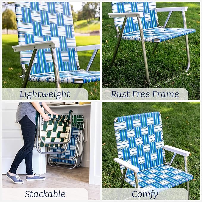 Lawn Chair USA Folding Aluminum Outdoor Patio Lawn Chair | Heavy-Duty Webbed Chairs for Camping, Sports, Beach, Yard & Tailgating | Lightweight Portable | Magnum - Spring Fling with Green Arms