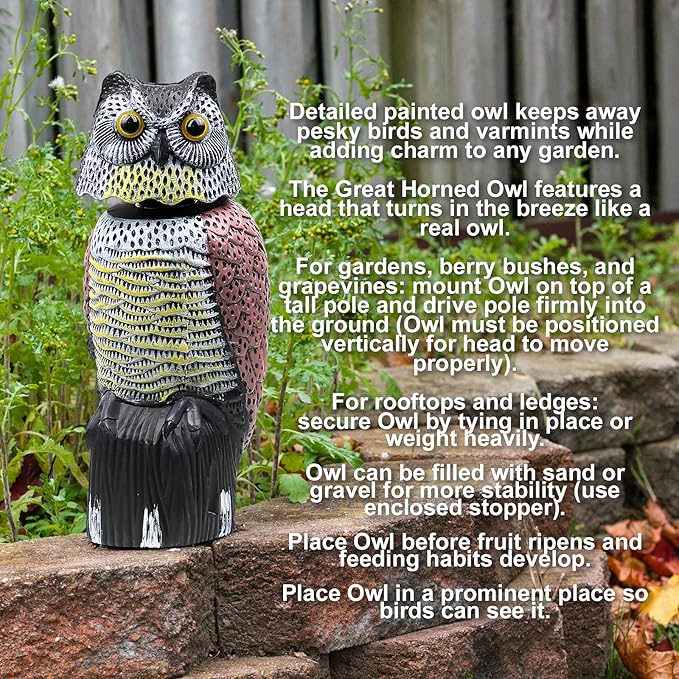 Galashield Owl Decoy to Scare Birds Away Scarecrow Fake Owl with Rotating Head 16" Tall (2 Pack)
