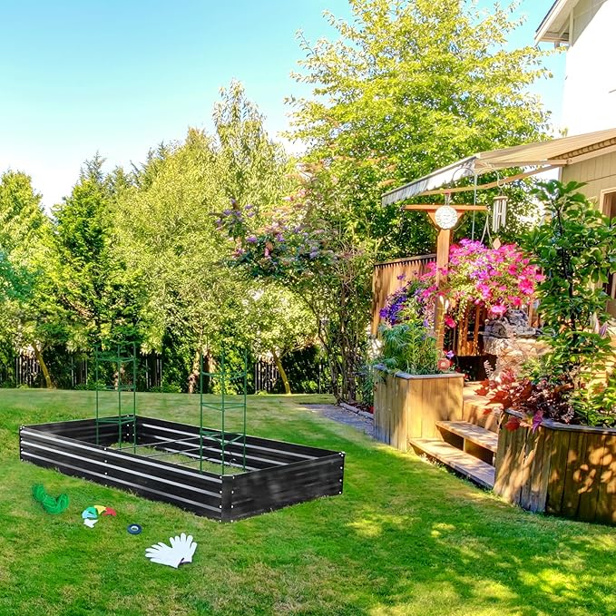 ONCEMORE Galvanized Raised Garden Bed for Vegetables Flowers Herbs, Metal Raised Garden Bed Kit with 2 PCS Tomato Cage, Gloves, Trellis Netting, Plant Labels, Plant Ties, Black 6×3×1FT