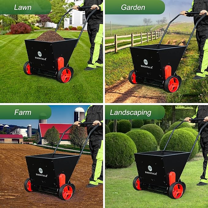 Suchtale Upgrade Push Lawn Spreader for Compost & Peat Moss, Organic Fertilizer Applicator with Rotating Blades, Adjustable Rate Metal Mesh Basket Topdresser