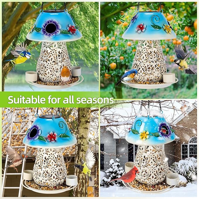 Mushroom Solar Bird Feeders for Outdoors Hanging Metal Wild Bird Feeder Garden Lantern with S Hook for Garden Decoration Blue