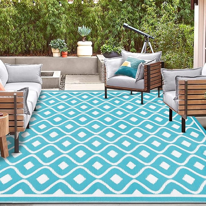 Pauwer Waterproof Outdoor Rug 8x10, Reversible Plastic Straw Patio Camping Rug, Indoor Outdoor RV Mat Carpet for Deck, Camper, Porch, Balcony, Backyard, Picnic, Geometric Teal