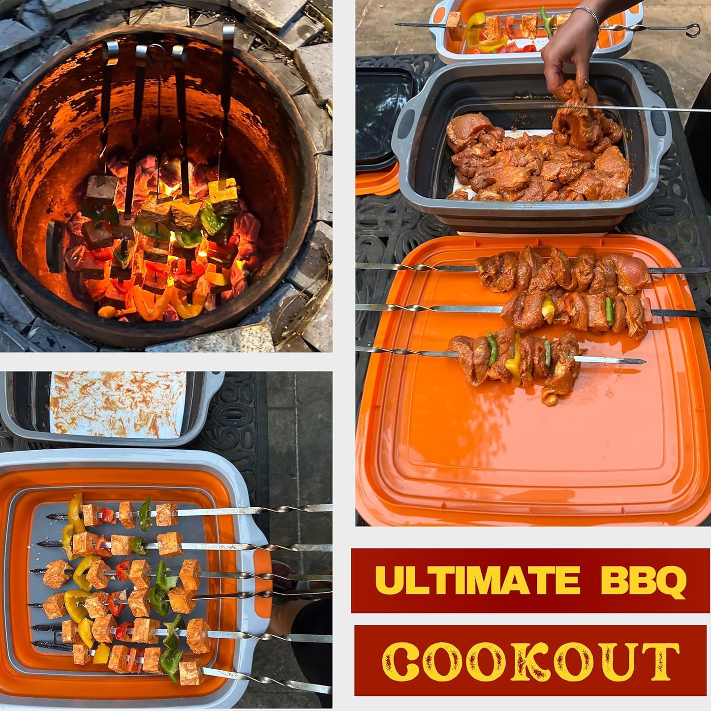 Collapsible Large (8L) BBQ Marinating Tub w/Cutting Board | Multipurpose Food-Grade TPE Prep Tub w/Lid | Built-in Colander & Drain Plug - for Camping | Tailgate | Picnic - Bold Orange