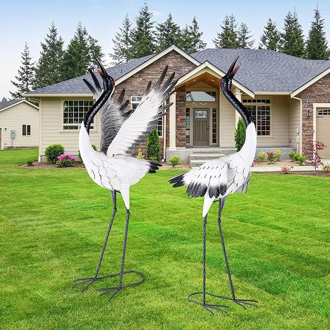 chisheen Crane Garden Statues Outdoor Metal Heron Yard Art Crane for Garden Sculptures Patio Lawn Ornaments,Set of 2