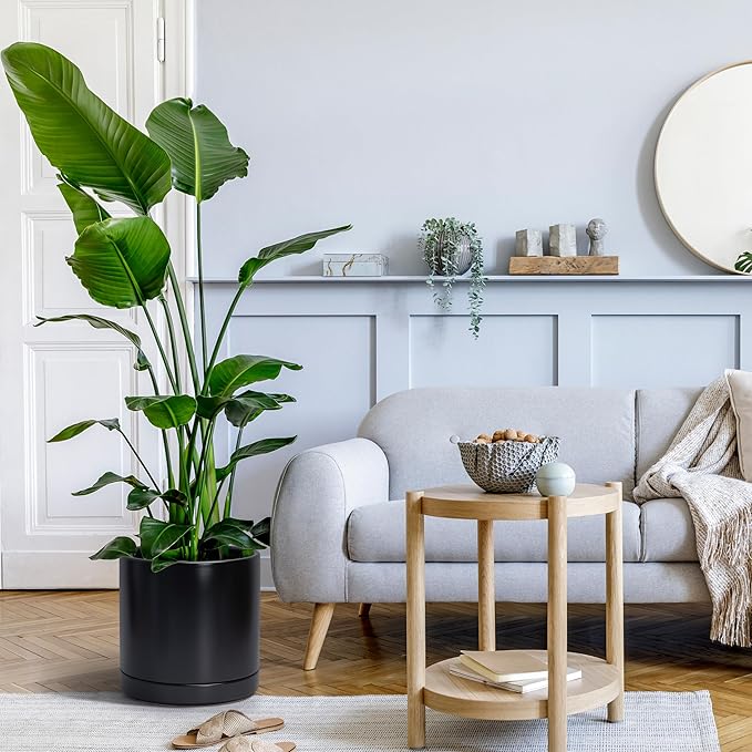 D'vine Dev 8 Inch & 10 Inch Ceramic Planter Pot for Plants with Drainage Hole and Saucer, Large Plant Pots Set, Black, 94-G-L-2