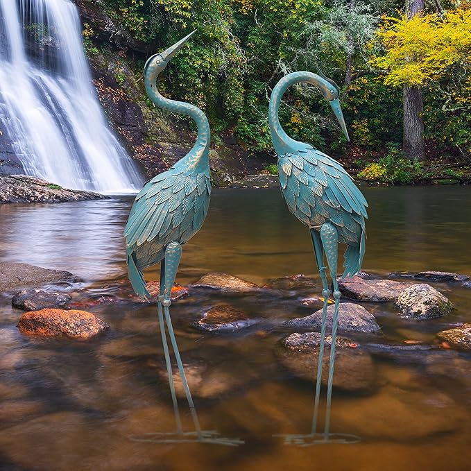 35-40 Inch Standing Garden Crane Statues for Outdoor Set of 2 Metal Birds Garden Sculptures Yard Art for Home Backyard Patio Lawn Decoration