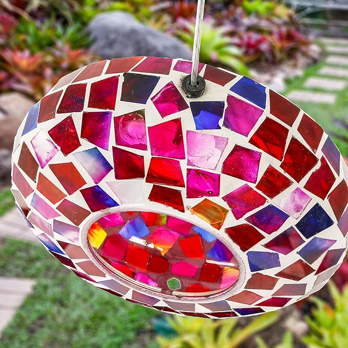 Sunnydaze 6-Inch Glass Mosaic Hanging Bird Feeder for Outdoors - Fly-Through Wild Bird Feeder - Crimson Mosaic