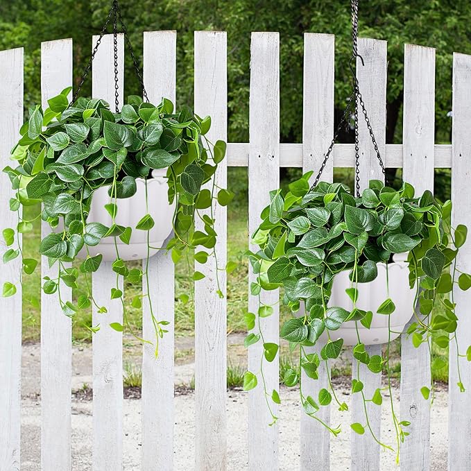 YIKUSH Planters for Outdoor Plants 2 Pack White Plant Pots with Drainage Hole and Absorbing Tray Hanging Planters for Indoor Plants (12 inch, 3 Hooks)