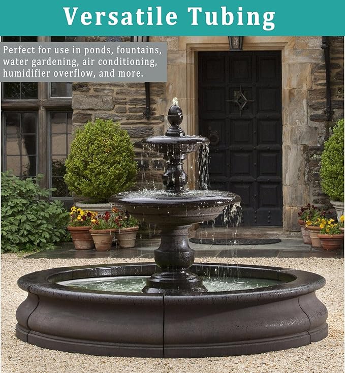 1/2" id - 25ft Black Vinyl Tubing Flexible PVC Tube Hybrid Hose Transfer Water Fuel Gas for Pond Fountain Garden Waterfall, Durable and Safe, with 2 Hose Clamps