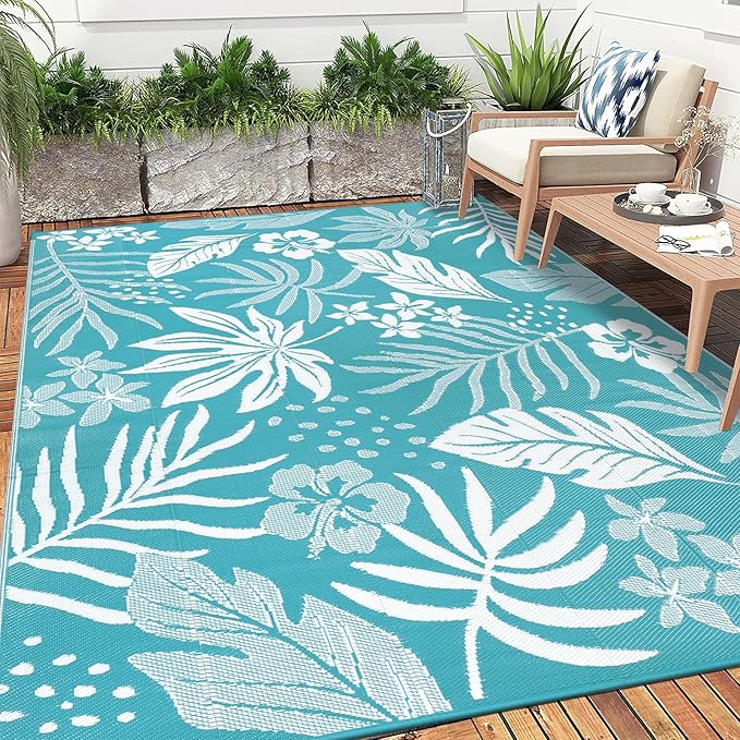 Pauwer Waterproof Outdoor Rug 8x10, Reversible Plastic Straw Patio Camping Rug, Indoor Outdoor RV Mat Carpet for Deck, Camper, Porch, Balcony, Backyard, Picnic, Floral Teal