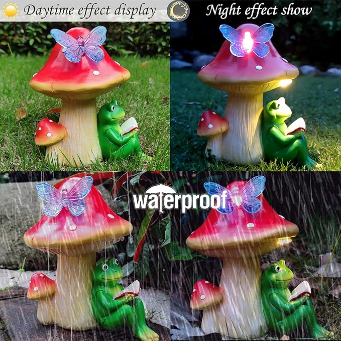 Solar Frog Mushroom Garden Statues,Resin Frog Mushroom Reading a Book Figurine with LED Solar Lights, Lawn Decor Outdoor Statue for Patio,Balcony,Yard,Lawn Ornament