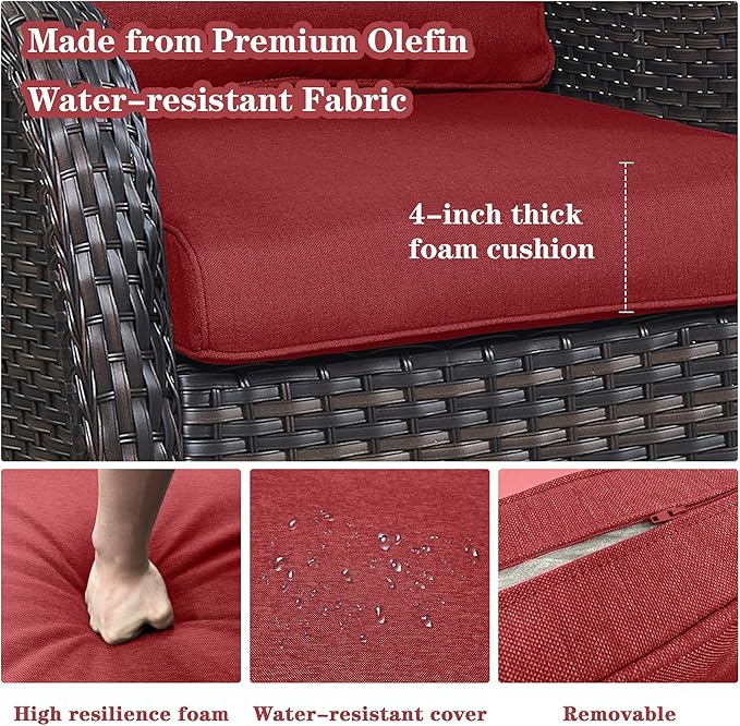 Outdoor Swivel Rocker Patio Chairs - 3 Piece Outdoor Bistro Set Wicker Patio Rocking Chairs Set of 2 with Side Table, 360 Degree Swivel Glider Seating for Porch Balcony Deck Brown/Red