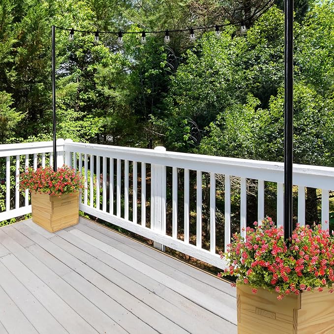 Excello Global Products Wooden Planter Box Set with 10' String Light Pole - 14"x14", Ready to Assemble.