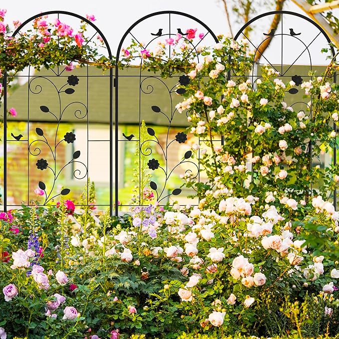 LZRS 4 Pack Rustic Iron Arch Decoration Garden Trellis with Black Metal Coating โ Perfect for Supporting Climbing Plants Outdoor, Roses, Vines, Flowers, and Vegetables.