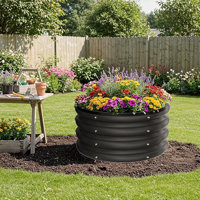 ZXZYHFTY Round Galvanized Raised Garden Bed kit,Black Outdoor Garden Raised Planter Box, Round Large Metal Raised Garden Beds for Vegetable 2 * 2 * 1ft 2 Pcs
