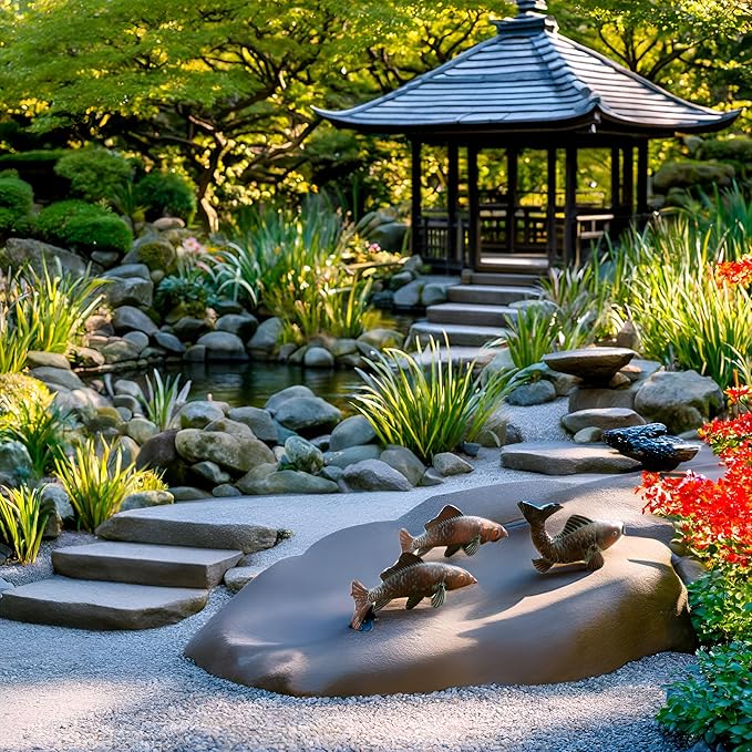 Set of 3 Garden Koi Fish Statue Antique Copper Fishes Outdoor Décor Garden Sculptures & Statues Metal Koi Fish Figurine Ornaments for Outdoors,Patio Decor,Backyard and Home Kitchen Decorations