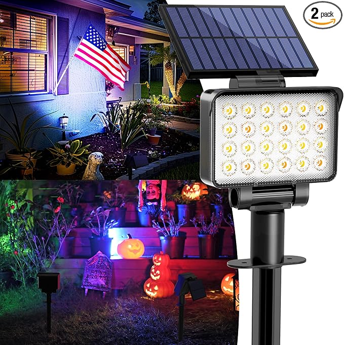 Color Changing Solar Spot Lights Outdoor Waterproof for Flag, Tree, House, Garden, Yard, Landscape Spotlights for Accent Uplighting Halloween Christmas Decorations-2 Pack