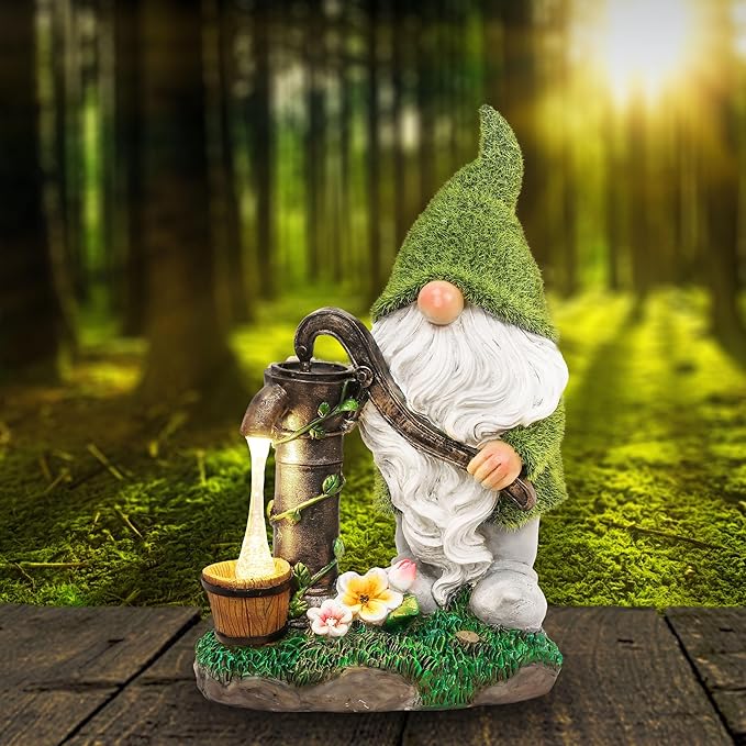 TERESA'S COLLECTIONS Resin Garden Gnomes Decor with Solar Lights, Green Outdoor Decorations for Porch Patio, Gifts for Women and Men,Outdoor Garden Decor Ornaments for Outside, 10"
