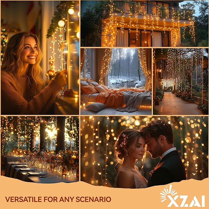 XZAI Solar Icicle String Lights 800LED 50FT Warm White Remote Connectable 2400mAh USB Rechargeable 8 Modes Timer Dimmable IP65 Waterproof Twinkle for Outdoor Christmas & Wedding & Party Decors