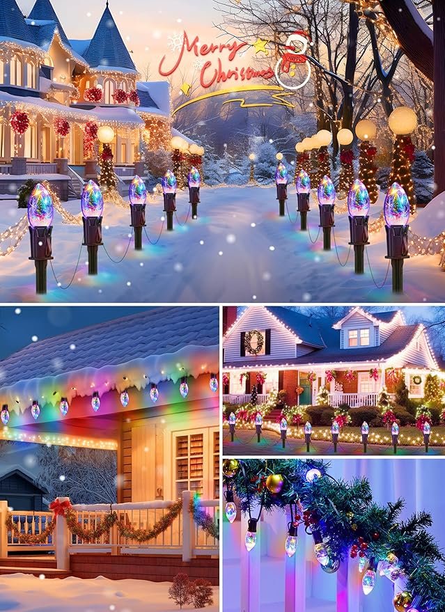 C9 Christmas Pathway Lights Outdoor, 45FT 40 LED Christmas String Lights with Stakes, 4 Light Modes, Waterproof Connectable Christmas Decorations for Outside Lawn Yard Sidewalk Driveway, Multicolor