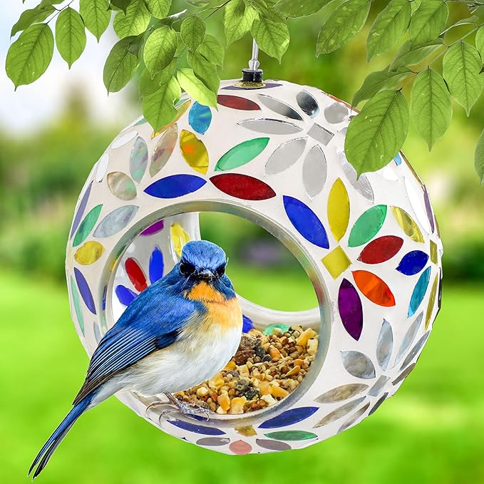 Sunnydaze 6-Inch Glass Mosaic Hanging Bird Feeder for Outdoors - Fly-Through Wild Bird Feeder - Rainbow Daisies