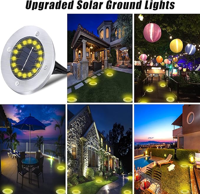 Solar Ground Lights-Waterproof Solar Lights Outdoor Garden- Solar Disk Lights-Upgraded 16LED Bright in-Ground Lights-Landscape Lights for Pathway, Yard, Lawn, Patio, Walkway (16 Pack Warm Light)
