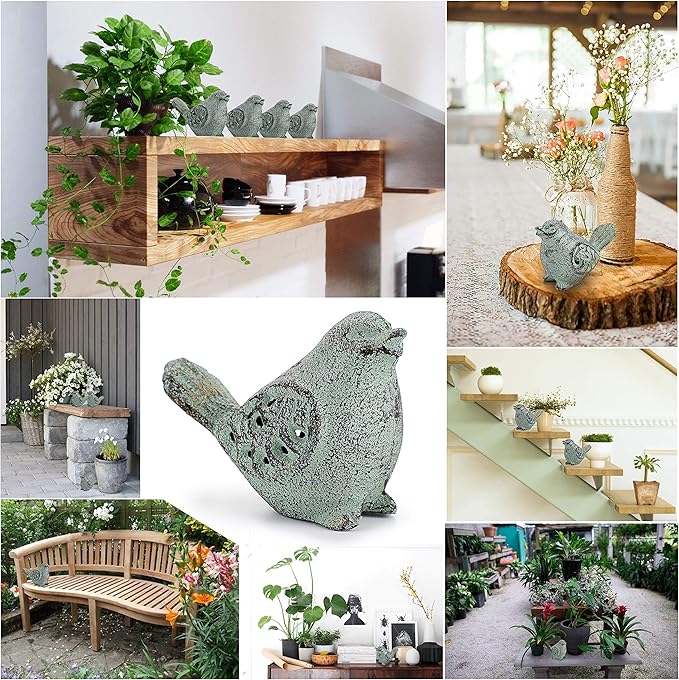 OwnMy 2 Cast Iron Green Bird Sculptures Outdoor Bird Statues Hollow Carved Bird Desktop Ornaments Figurines, Decorative Creative Animal Figurine Indoor Outdoor Statues for Garden Patio Home Decor