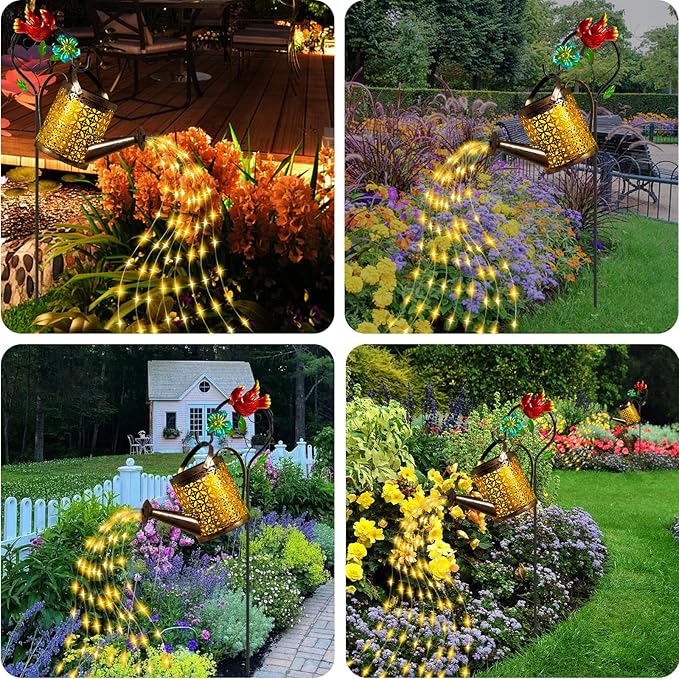 Solar Lights Outdoor, Watering Can with Cascading Lights, Watering Can with Hook Solar Lantern, Gardening Decor for Yard Patio, Gardening Gifts for Mom Grandma Women (2 Pack)