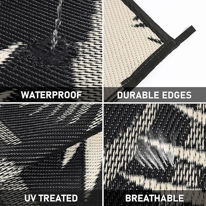 Outdoor Rug Waterproof for Patios Clearance, Reversible Outdoor Plastic Straw Rug Camping Carpet, Outside Floor Mats Large Area Rugs for RV,Patio,Deck,Porch,Beach, Balcony,8'x10',Black&Beige