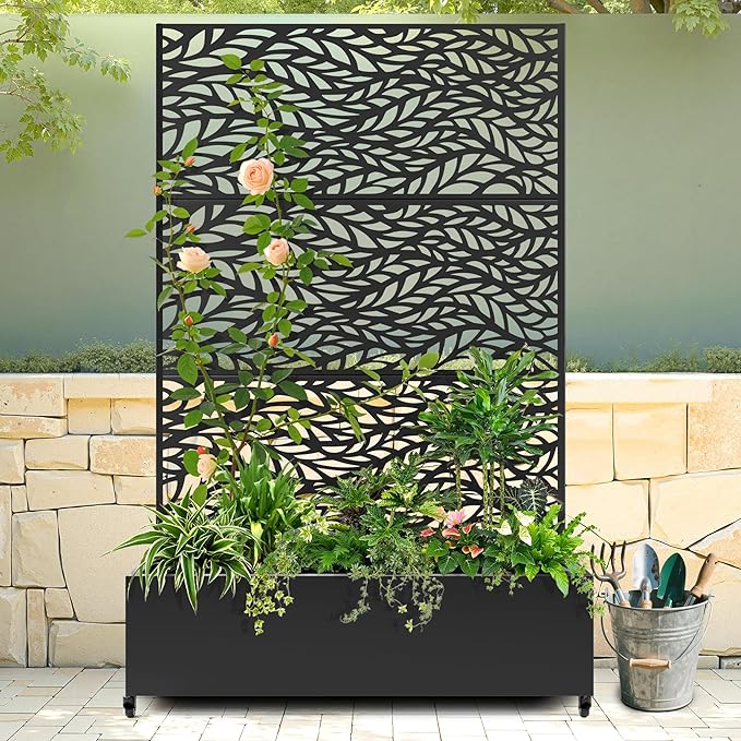 Raised Garden Bed with Trellis and Wheels,73"x47"x16" Metal Raised Garden Bed,Black Flowing Leaf Metal Planter with Climbing Trellis for Vines & Vegetables