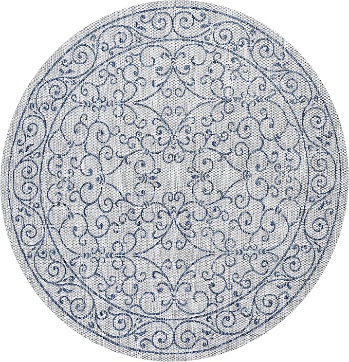 JONATHAN Y SMB106C-6R Charleston Vintage Filigree Textured Weave Gray/Navy 6' Round Indoor/Outdoor Area Rug, Pet Friendly, Non-Shedding, Stain Resistant, Easy-Cleaning for Backyard, Patio, Porch