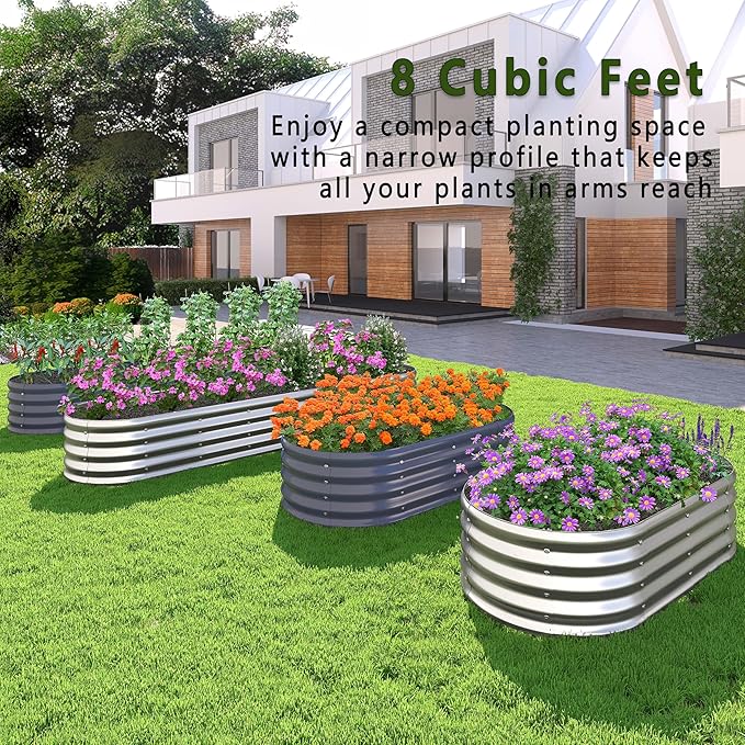 KFN 2PCS 12x1.8x1FT Galvanized Raised Garden Bed,Raised Garden Bed Kit-Oval Metal Vegetable Box,Large Planter Flower Boxes Outdoor,Planting for Vegetables,Flower,Herb,Sliver,0.7mm