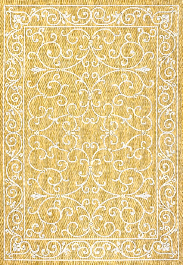 JONATHAN Y SMB106L-3 Charleston Vintage Filigree Textured Weave Indoor Outdoor Area Rug, Classic Traditional Easy-Cleaning,Bedroom,Kitchen,Backyard,Patio,Non Shedding, 3 X 5, Yellow/Cream