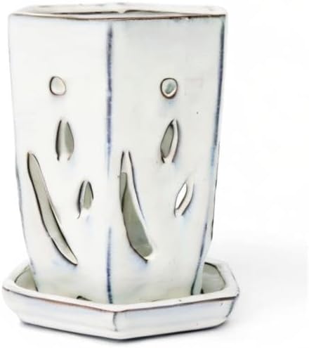rePotme 4 x 6 inch Ceramic Orchid Pot (White Diamond) - Hexagon Orchid Pot with Holes