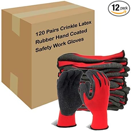 Evridwear Crinkle Latex Rubber Hand Coated Safety Work Gloves for Men Women General Multi Use Construction Warehouse Gardening Assembly Landscaping (M-Size) Red 120 Pairs Pack